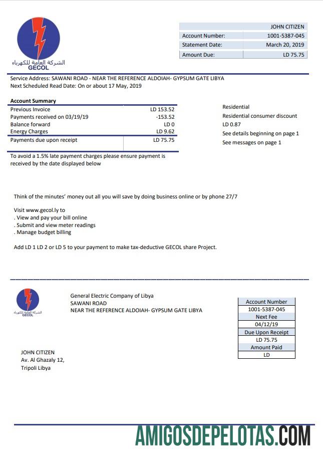 imprimível Modelo de conta de serviços públicos de eletricidade da Líbia General Electric Company em formato Word e PDF